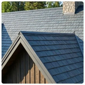 Residential home with premium slate-textured charcoal gray metal shingles and large stone chimney