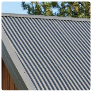 Perfectly installed gray corrugated metal roof showing precise, even ridges and flawless craftsmanship on a modern wood building.