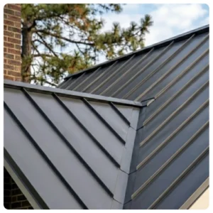 Dark gray standing seam metal roof detail on a home, showing complex valley, brick chimney, gutters with guards, and a pine tree against a blue sky