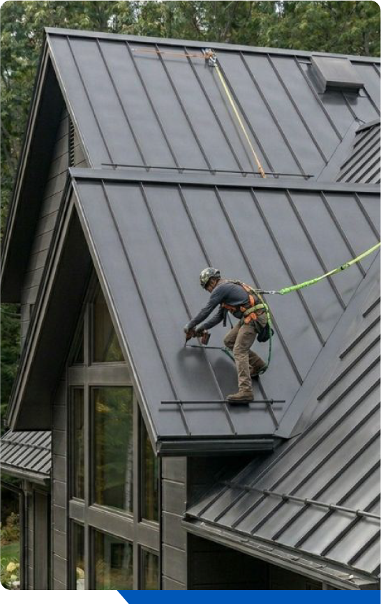 Roofer in safety harness installing a dark standing seam metal roof on a modern home in Westchester County, NY, surrounded by green trees.
