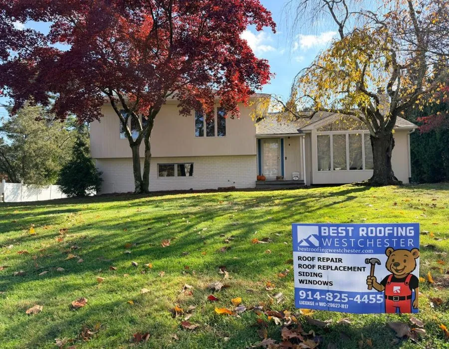 Best Roofing Westchester company sign in front of home