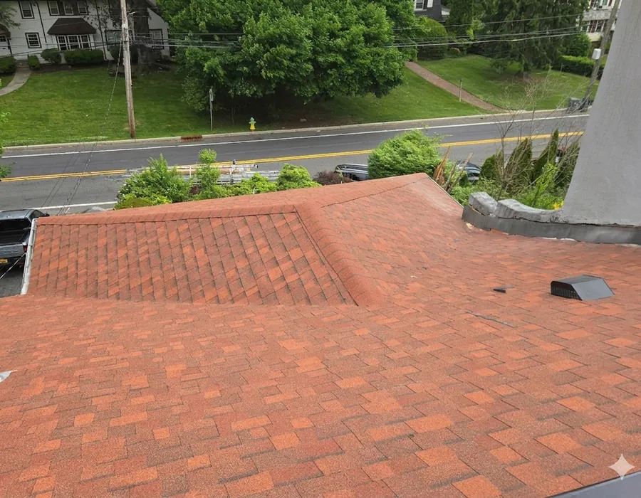 Completed asphalt shingle roof aerial view in White Plains NY