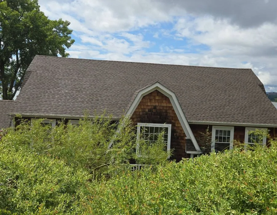 Close-up view of a brown asphalt shingle roof installation on a cedar shake cottage with white-trimmed dormer windows